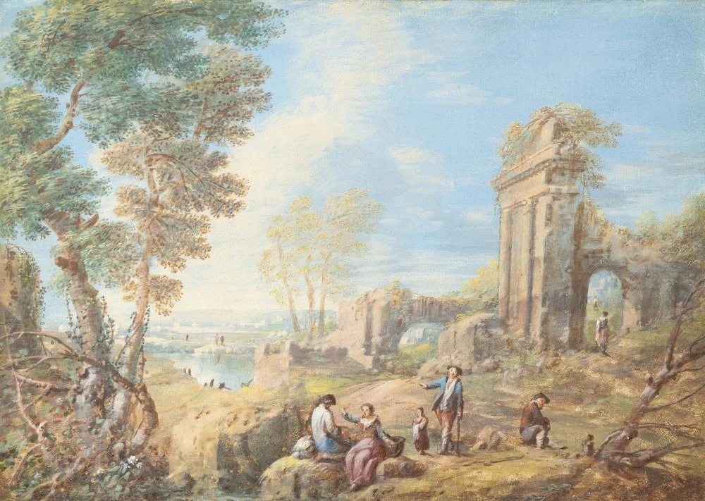 Paesaggio italiano con figure e rovine